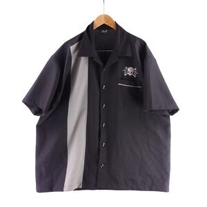 Steady Last Ride Men 3X Bowling Shirt Black Grey Skull Piston Buttons Rockabilly